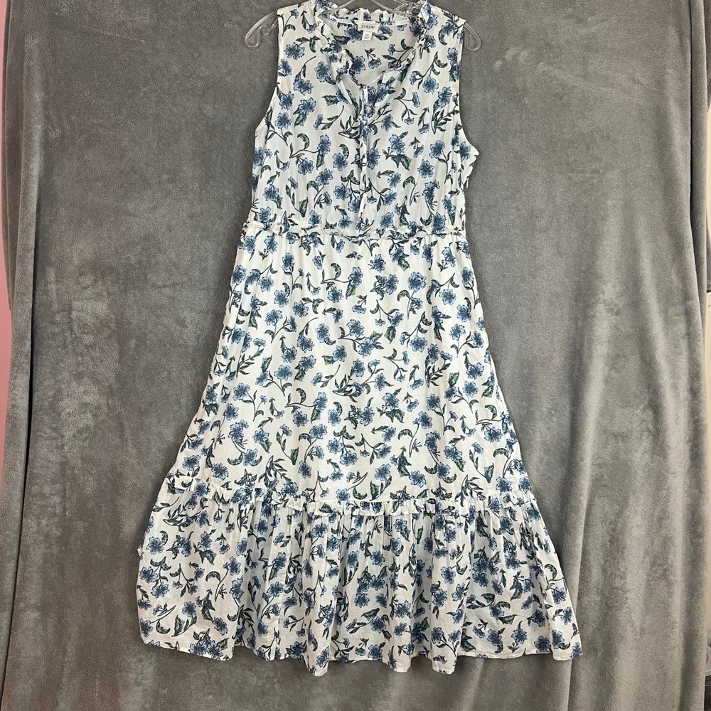 J Crew Sleeveless Midi Dress Womens 12 Tiered Ruffle Floral Cotton Coastal